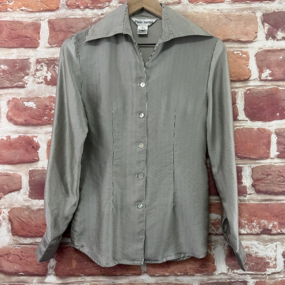 Paolo Santini Top Shirt Women's Small Black White Silk Pinstriped Button Front